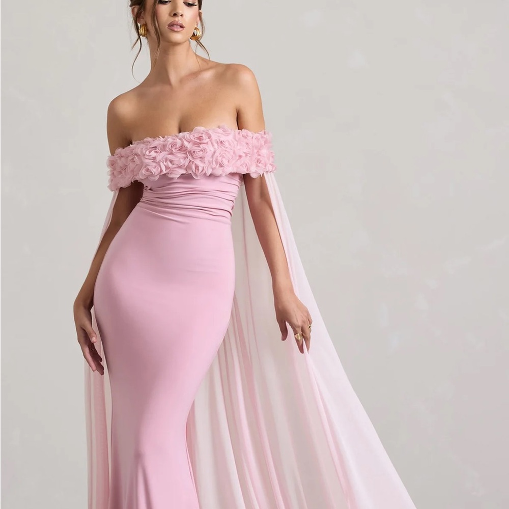 Club L London BLUSH PINK FLORAL BARDOT FISHTAIL MAXI DRESS WITH MESH CAPE